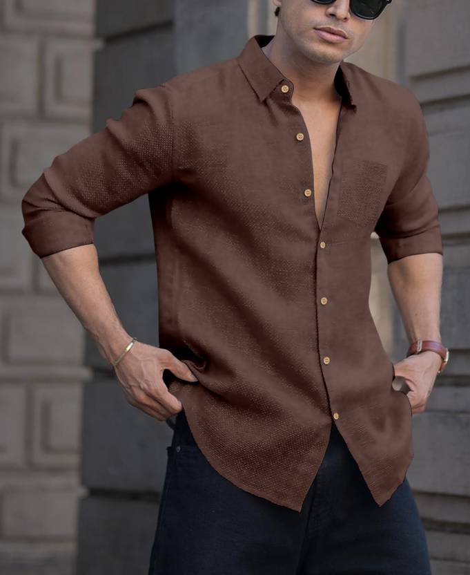 KIYATRA Men Regular Fit Solid Curved Collar Casual Shirt