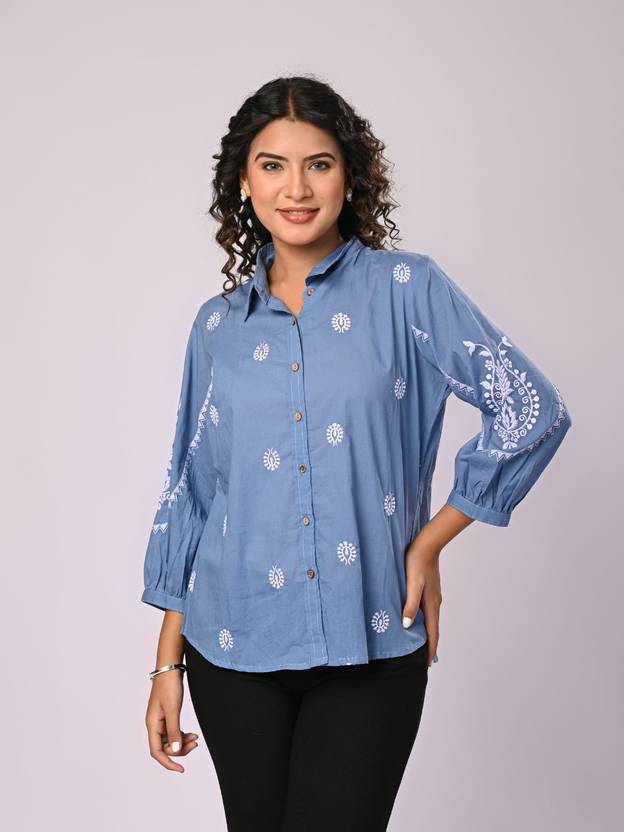 Zolo Label Women Embroidered, Ethnic Motifs Casual Blue Shirt