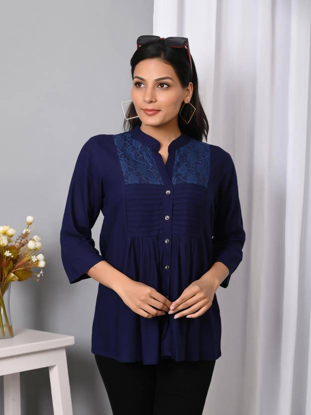VYMO Women Regular Fit Solid Mandarin Collar Casual Shirt