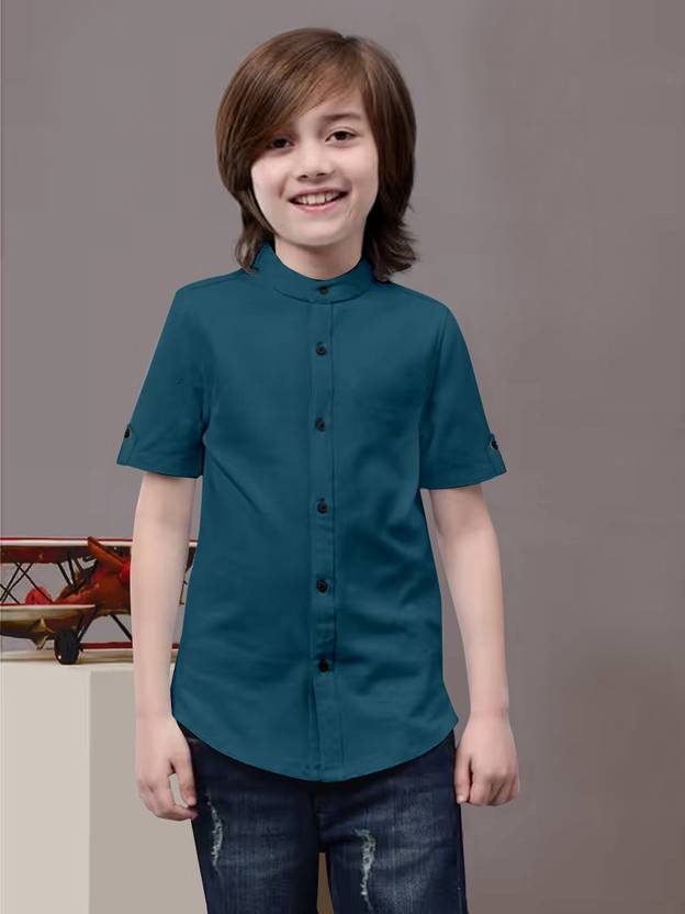 AARKENNA Boys Solid Casual Blue Shirt