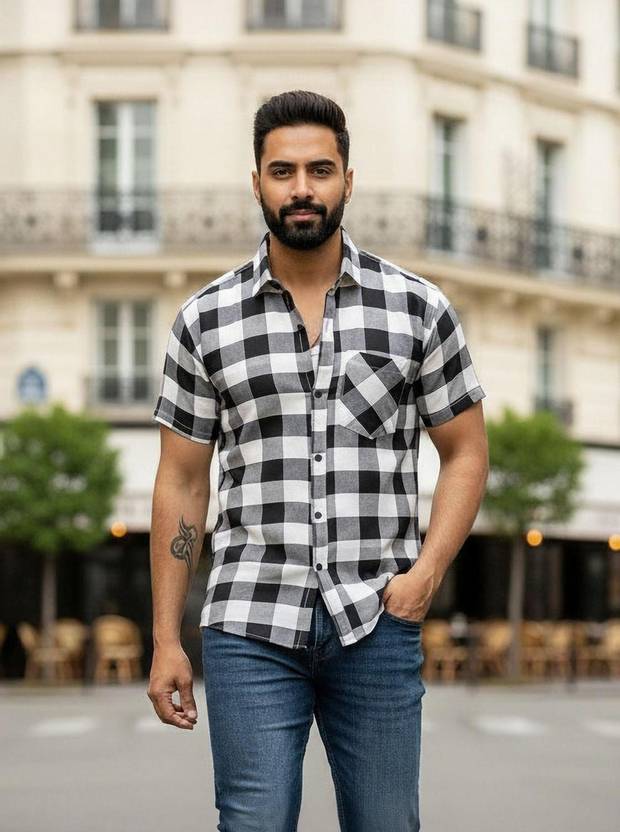 Shozaai Collection Men Checkered Casual Black Shirt