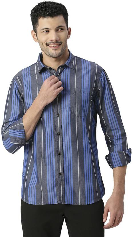 SNX Men Tailored Fit Striped Cut Away Collar Casual Shirt