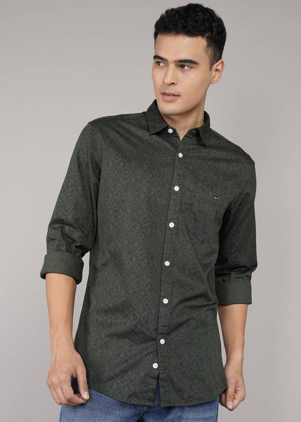 louis philippe jeans men printed casual dark green shirt