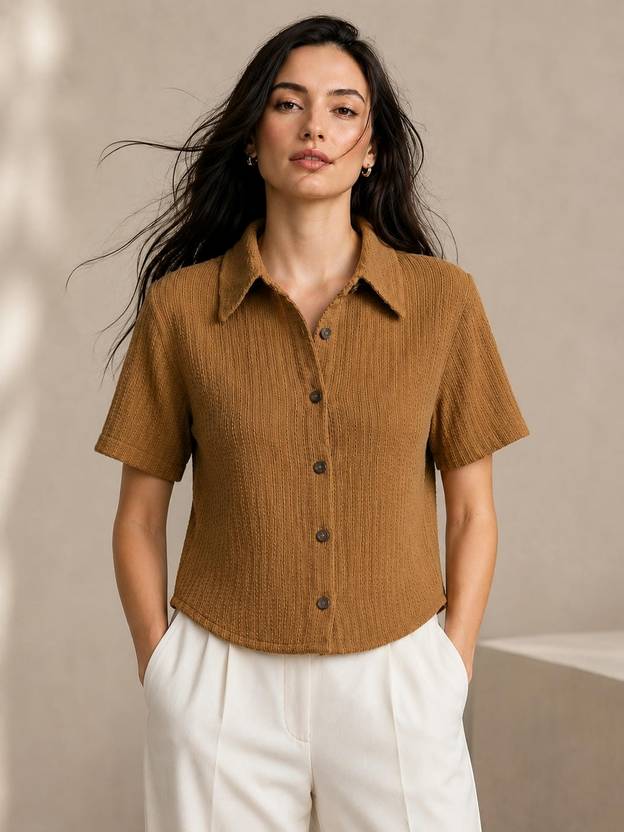 AROD Women Solid Casual Brown Shirt