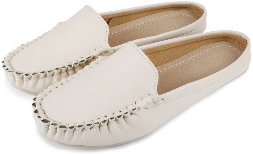 Slip-On Open Back Loafers For Women  (Off White)