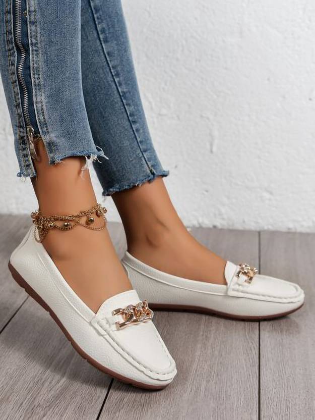 Stylish Comfortable Upper Buckle Detailed Loafers For Girls Loafers For Women  (White)