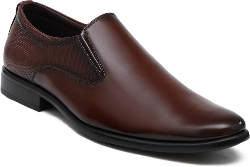 Latest Design Textured Round Toe Slip Ons Formal Derby For Men  (Brown)
