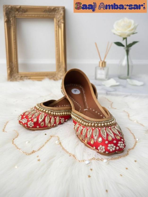 Saaj Ambarsari Women Brick Red Premium Jutti with Beads & Golden Metal Embellishments|Ethnic Mojaris Bellies Sandal