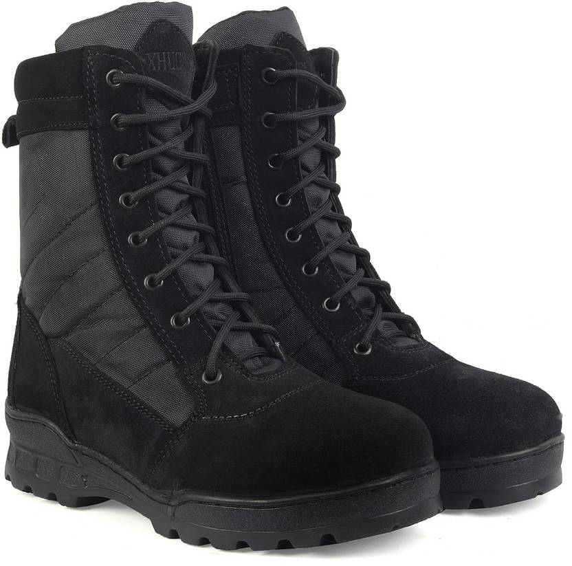 XHUGOY Genuine Black Suede Leather Military Combat Light Weight Boots For Men Boots For Women  (Black)