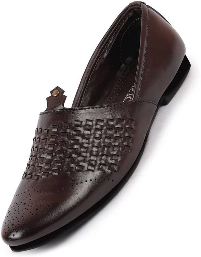 FAUSTO Laser Cut Knitted Design Ethnic Wedding Broad Feet Slip On Juttis and Mojaris For Men