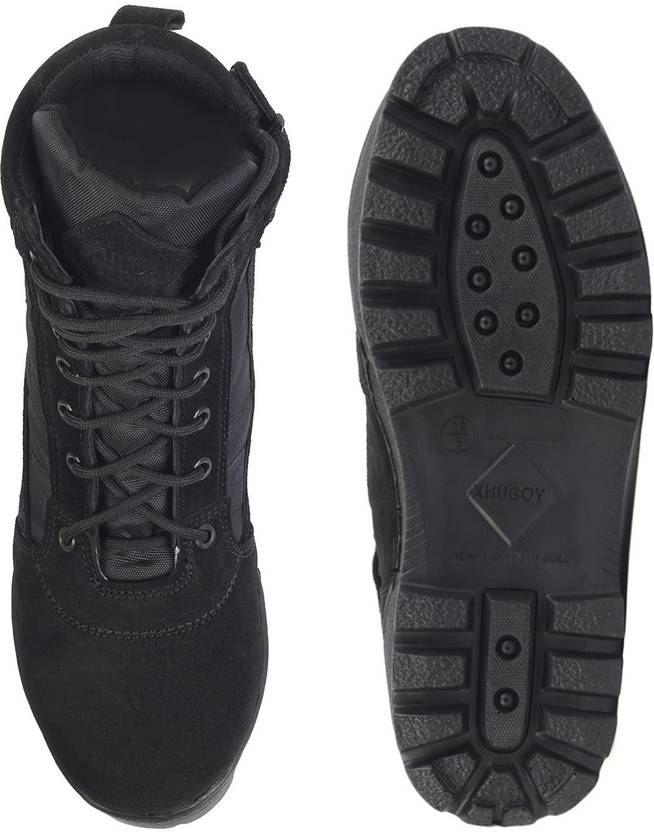 XHUGOY Genuine Black Suede Leather Military Combat Light Weight Boots For Men Boots For Women  (Black)