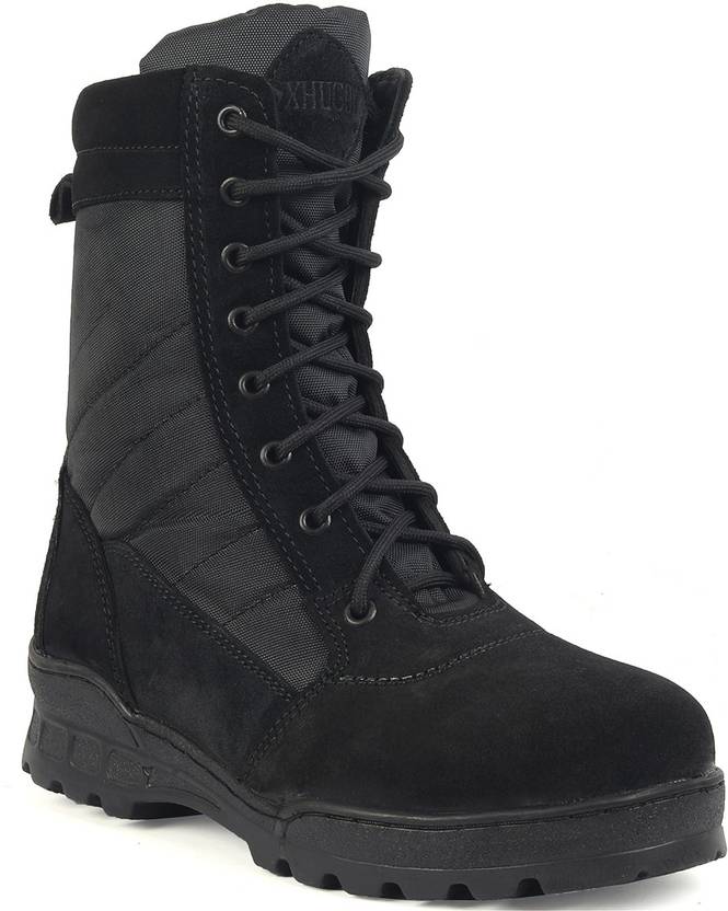 XHUGOY Genuine Black Suede Leather Military Combat Light Weight Boots For Men Boots For Women  (Black)