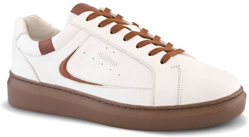 Bodega Premium Stylish Real Leather Lace Up Casual Sneakers For Men (White & Cognac) Sneakers For Men
