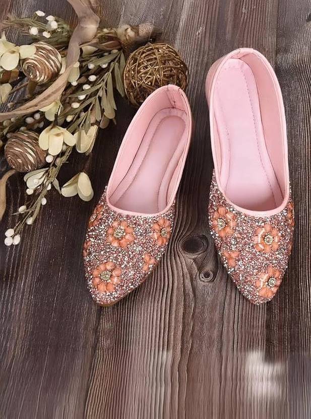 S.K.Craft Embellished Floral Beadwork Handcrafted Ethnic Flat Mojari Jutis For Women