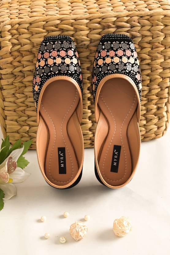 Swarovski Embellished Patch-work Bellies For Women  (Black)