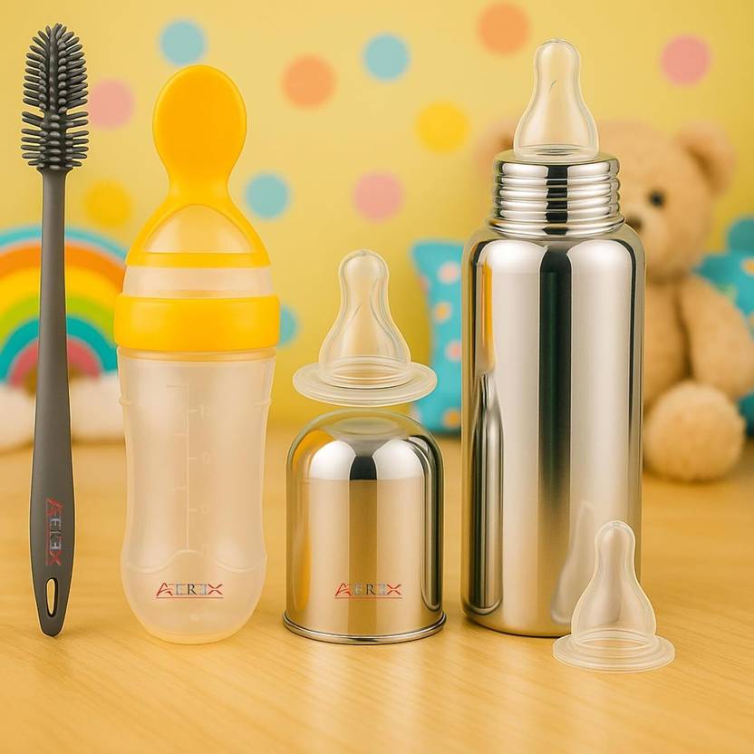 AEREX Steel Baby Feeding & Spoon Bottle Combo with 2 Extra Nipples & Cleaning Brush - 240 ml