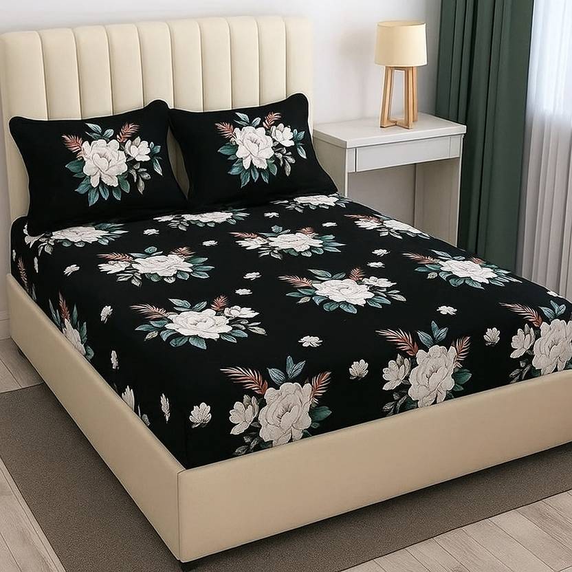 Bedsheat hub Cotton Double Fitted (Elastic) 320 TC Floral 1 Bedsheet