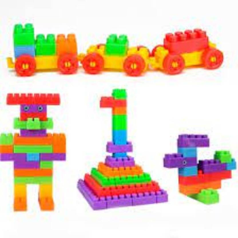 Sharvil Trading 60+ pcs DIY Plastic Building Blocks for Kids (52 Pieces + 8 Tyres)