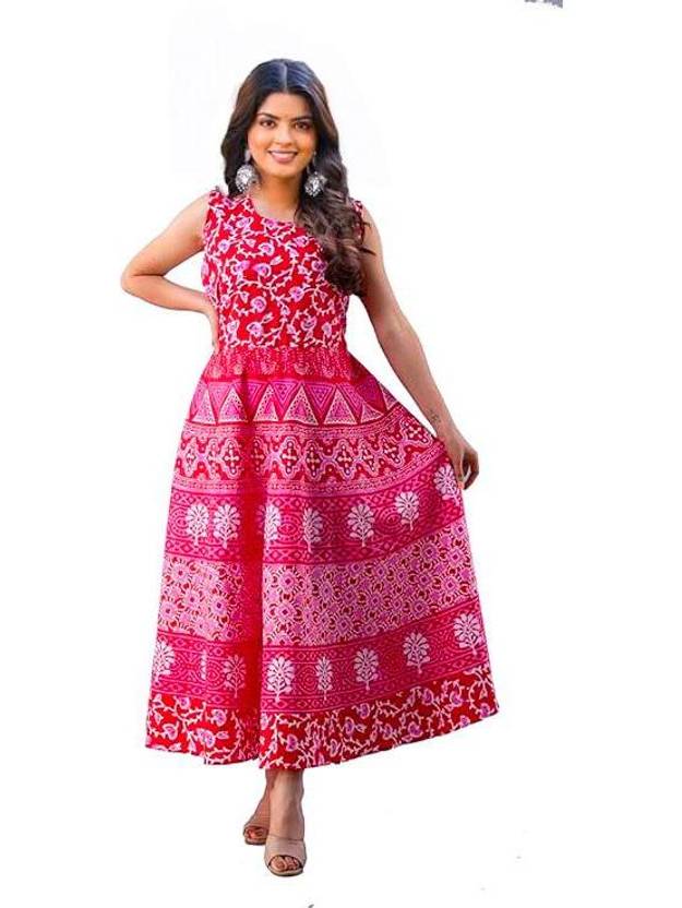 ANUNJA Women Fit and Flare Pink Maxi/Full Length Dress