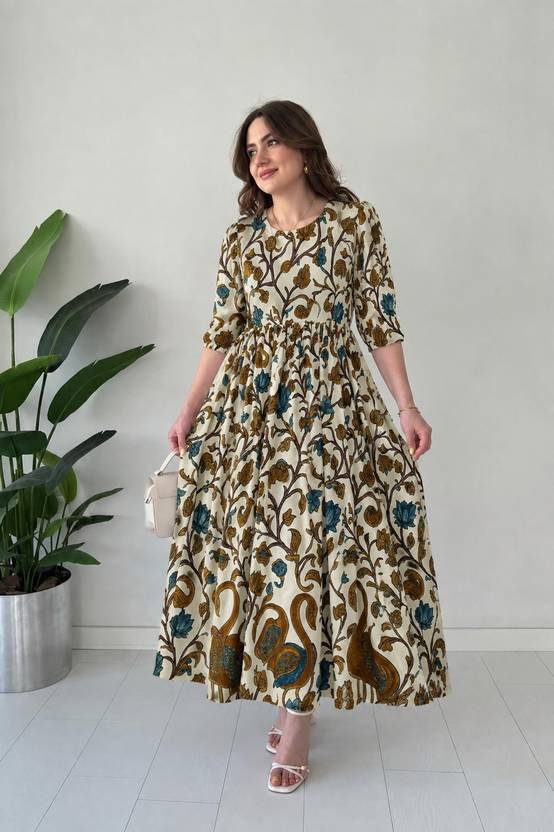 FabFinds Women Gathered Multicolor Maxi/Full Length Dress