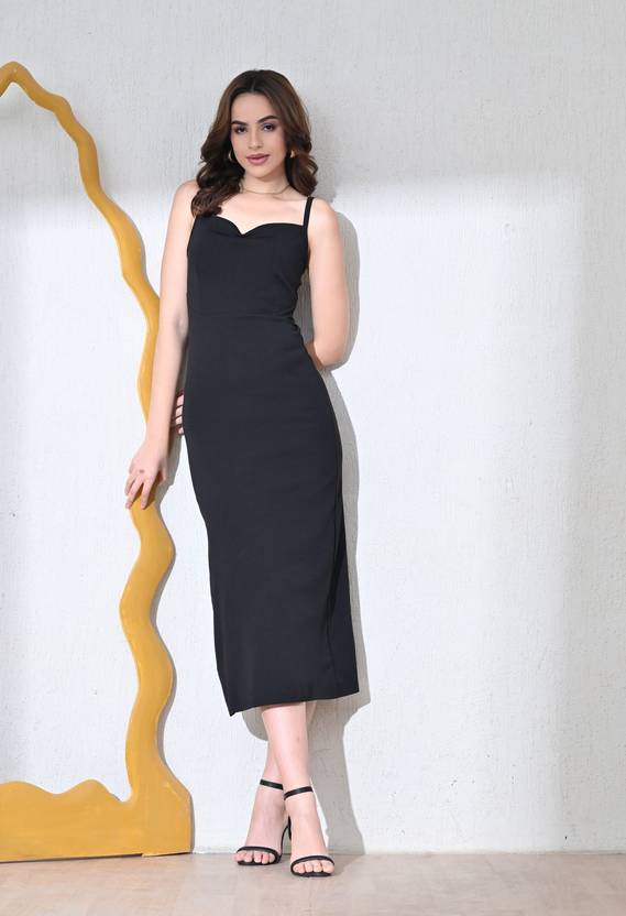 Sfotyy Women Bodycon Black Midi/Calf Length Dress