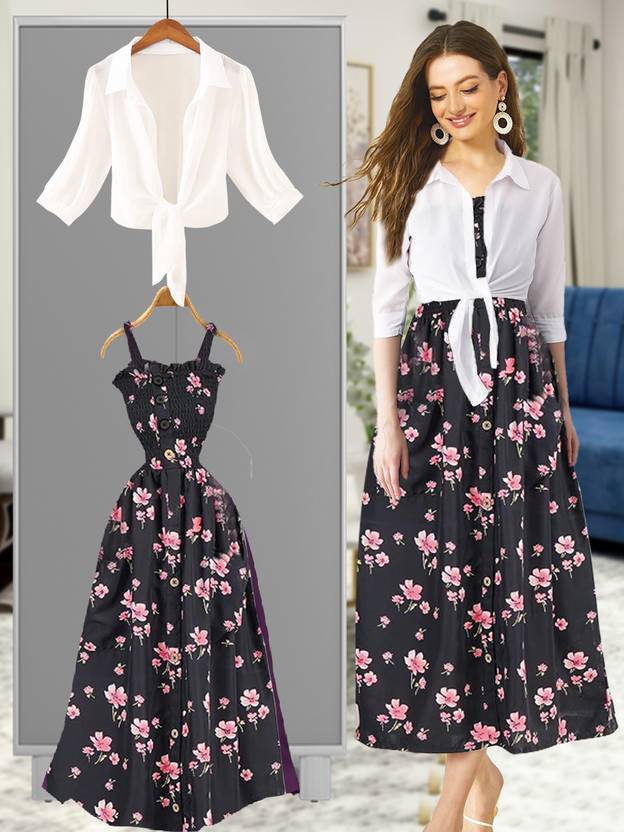 LEETOS Women A-line White, Black, Multicolor Ankle Length Dress