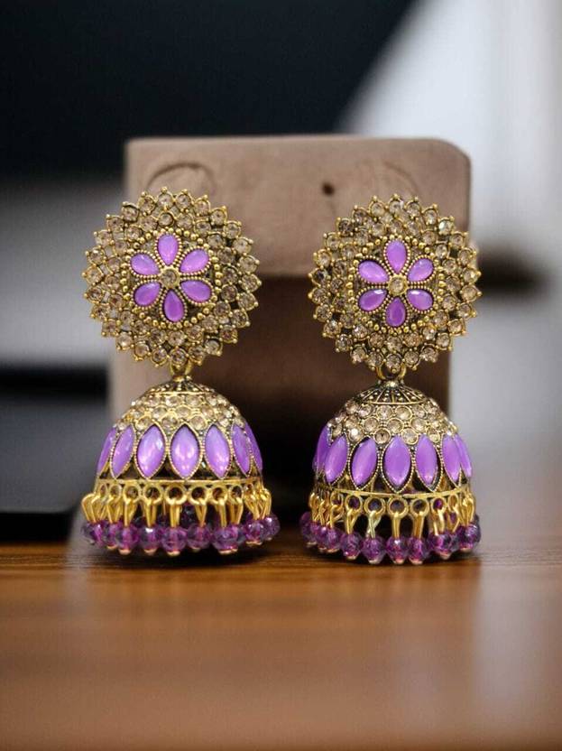 Antico Purple Color Diamond Stuuded Oxidised Jhumki Earring for Women Alloy Jhumki Earring, Earring Set