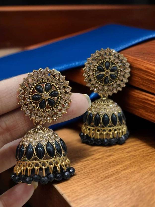 Antico Black Color Diamond Studded Oxidised Jhumkck Earrings for Women Alloy Jhumki Earring, Earring Set