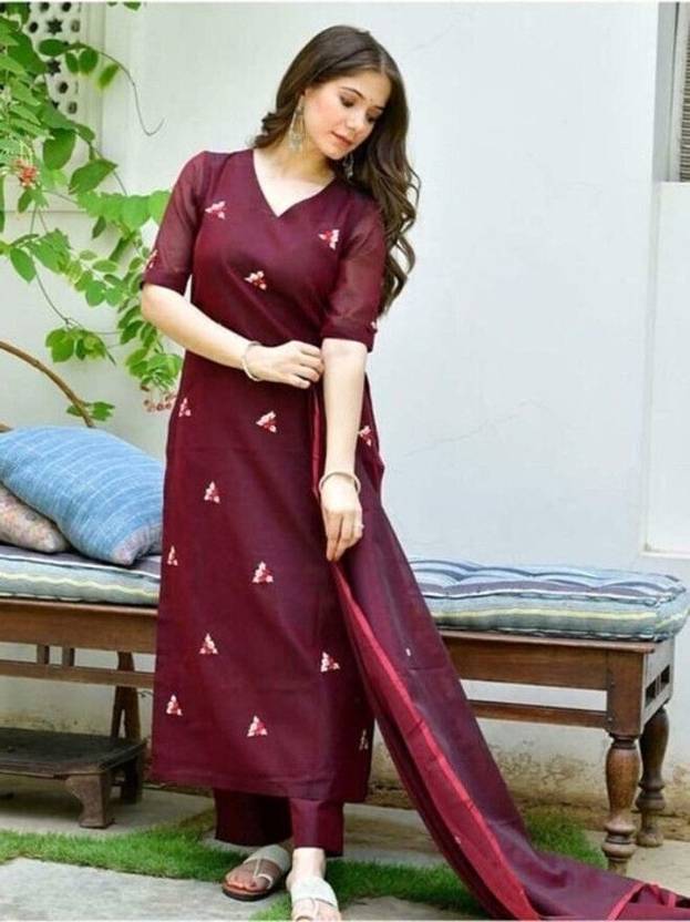 Aatvi Women Cotton Blend Ethnic Top Pant Attached Dupatta Set