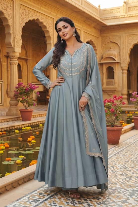 ARVILAS Women Embroidered Anarkali Kurta Dupatta Set Ethnic Festive Wear Embroidered Kurta, Trouser/Pant & Dupatta Set