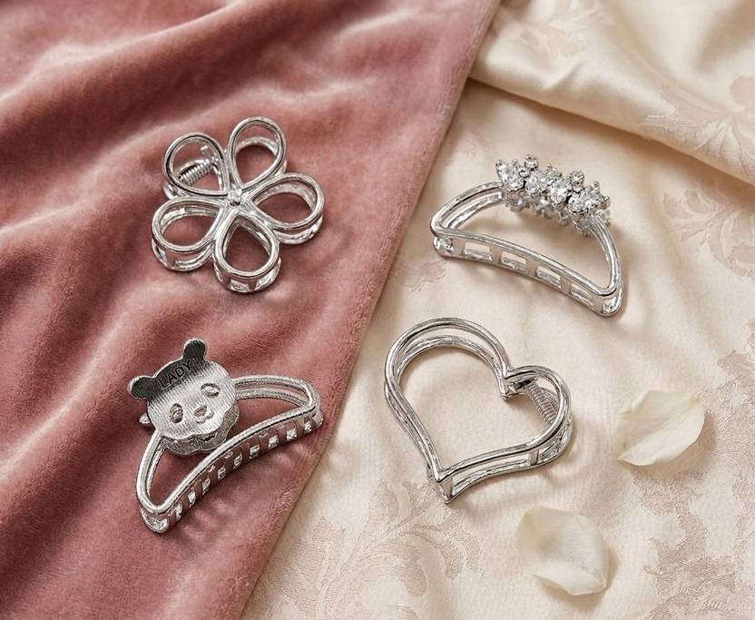 ANOUK Korean Style Silver Hair Clutcher Clips 4Pcs Mix Shape for Women Party Use Hair Clip