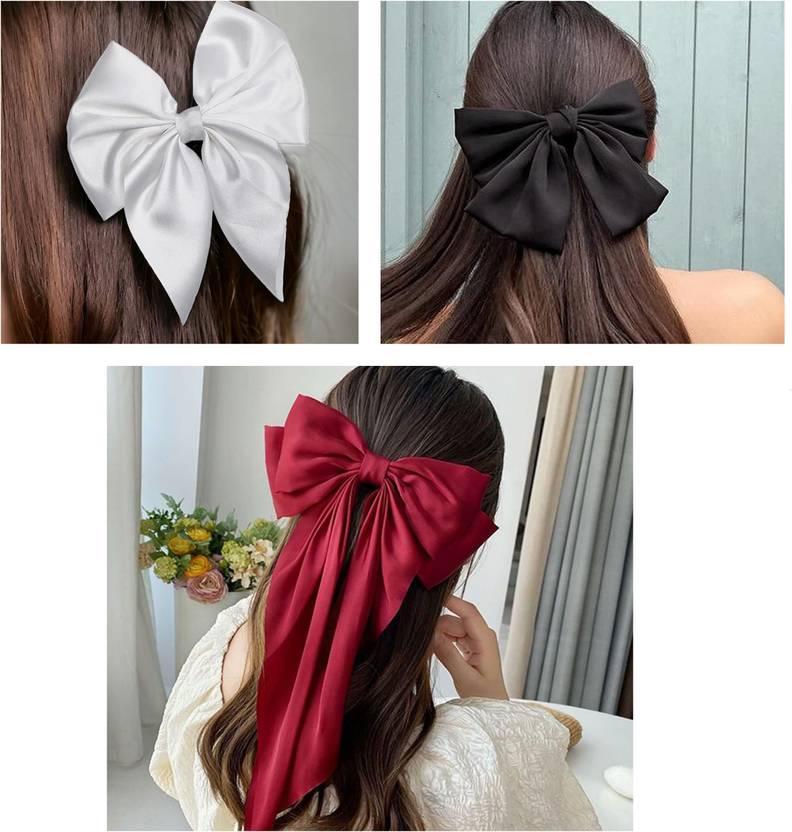 Glitchez Double Big Hair Bow Satin Silk & 2 Small Bow Hair Clip for Women Girls combo Hair Clip