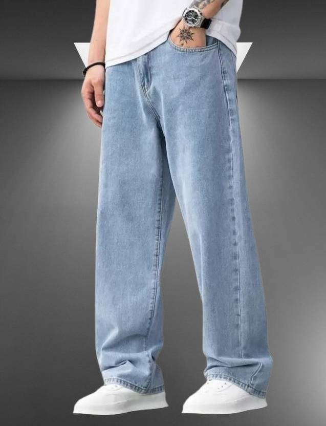MEIXN Men Loose Fit Mid Rise Light Blue Jeans