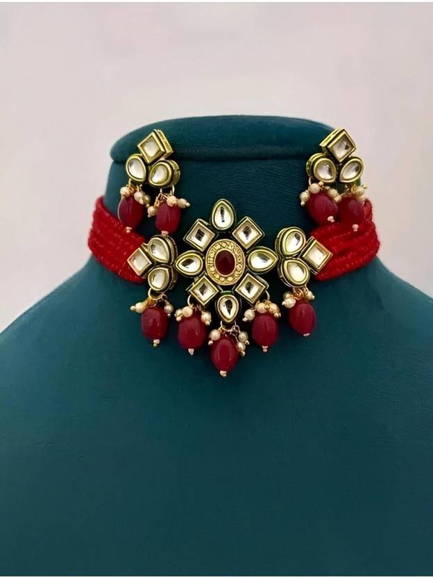 ARADHEMA Brass Gold-plated Red Jewellery Set