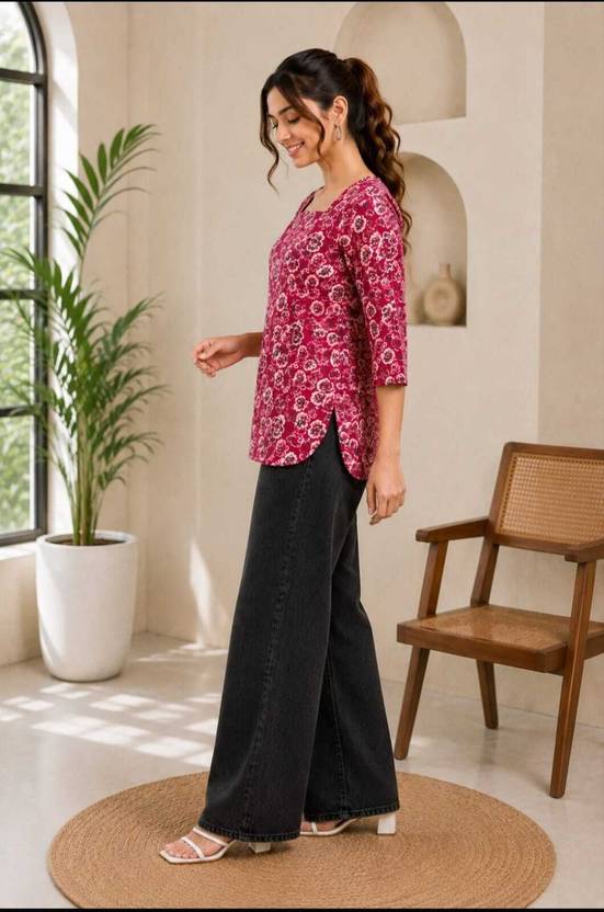 INDOFABRIC Printed Cotton Blend Straight Kurta for Women