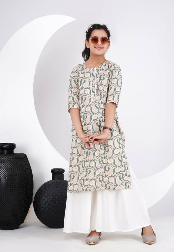DMP EXPORT Floral Print Cotton Blend Straight Kurta for Girls