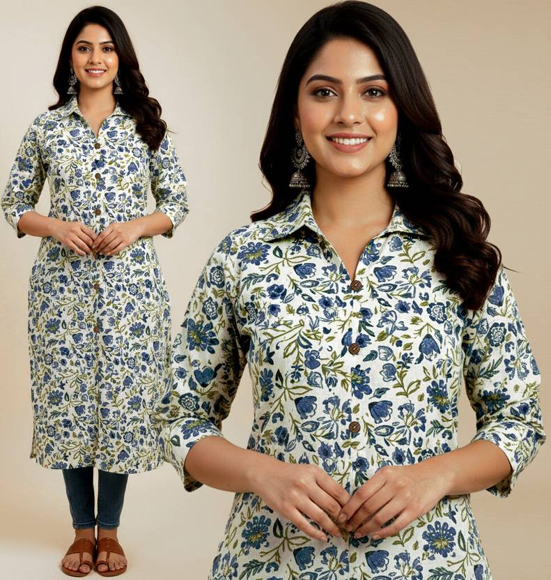 Acort Women Floral Print, Printed Frontslit Kurta