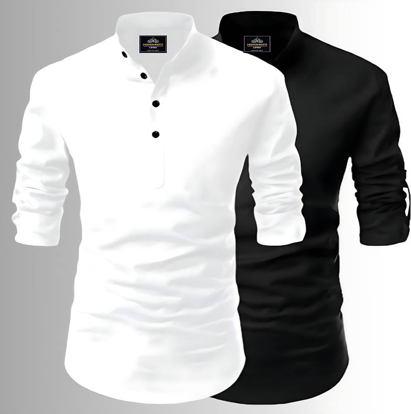 SWAMOTIFASHION Pack of 2 Men Solid Cotton Blend Straight Kurta (White, Black)