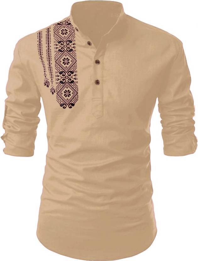 Fashion Marts Men Printed Cotton Blend Straight Kurta (Gold)