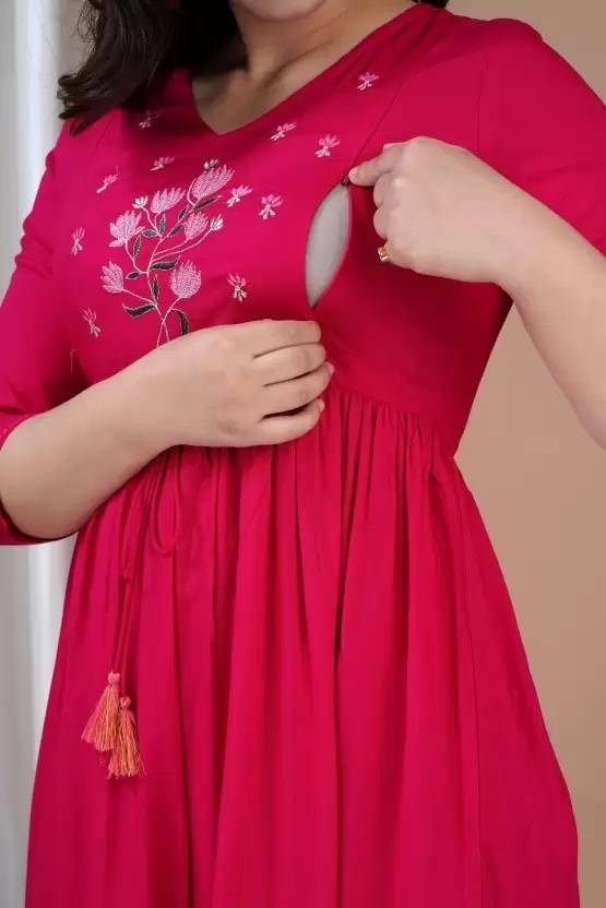 Priyas Creation Women Printed Cotton Rayon Ethnic Dress  (Pink)
