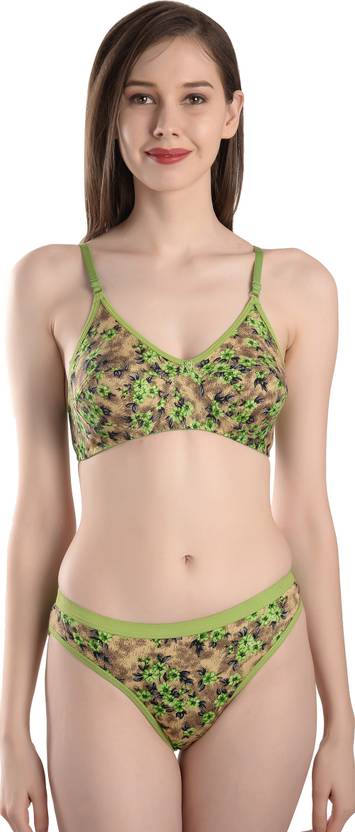 StyFun Bra & Panty Set Floral Print Green Lingerie Set