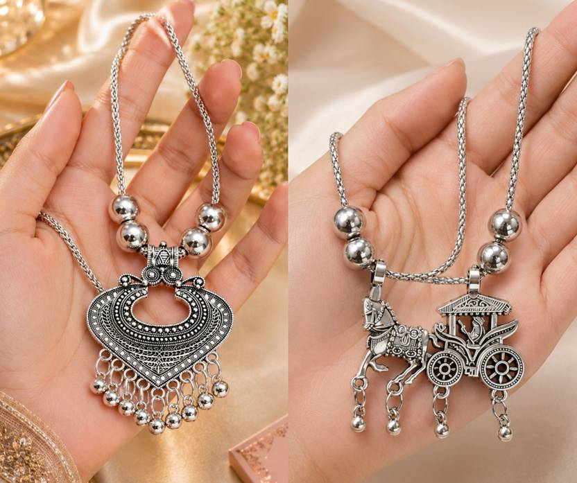 SZN Oxidized Silver-Plated Chain Pendant Combo for Women & Girls |Set of 2| Beads Black Silver Plated Alloy Necklace