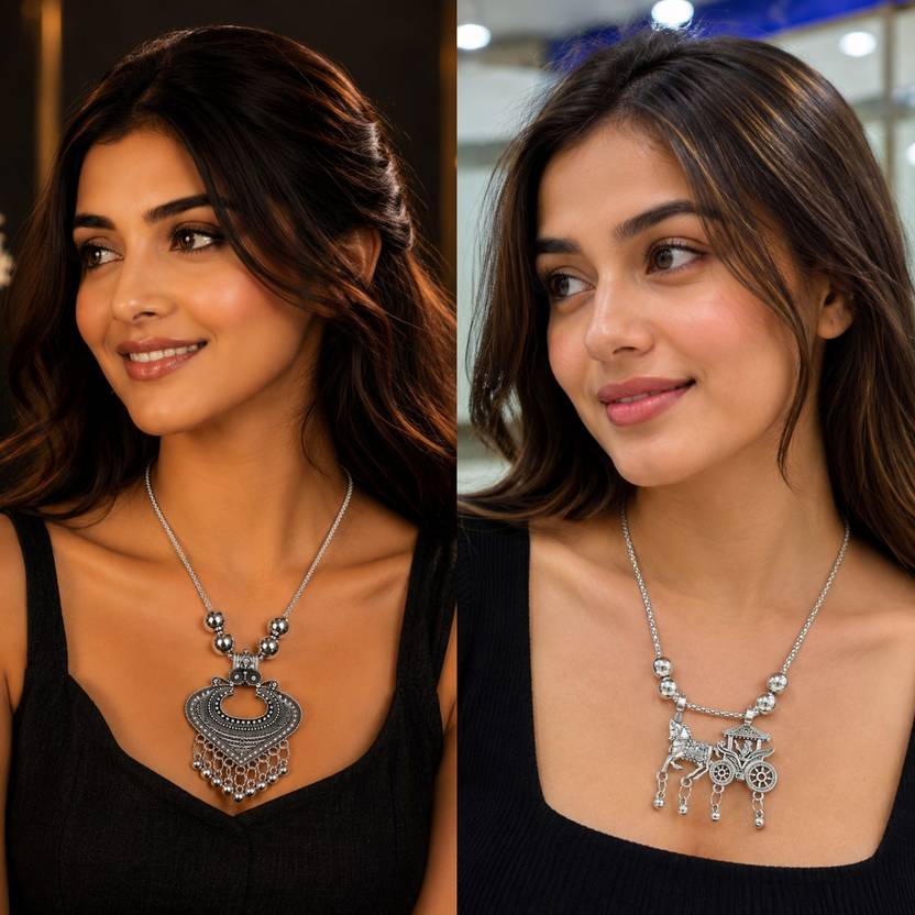 SZN Traditional Oxidized Chain Pendant Combo Set of 2 for Women Ethnic Jewelry Beads Black Silver Plated Alloy Necklace