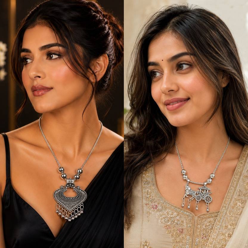 SZN Combo of 2 Oxidized Silver Plated Chain Pendant Necklaces for Women & Girls Beads Black Silver Plated Alloy Necklace