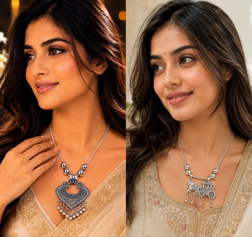 SZN Combo of 2 Antique Oxidized Pendant Necklaces for Women Daily & Festive Wear Beads Black Silver Plated Alloy Necklace