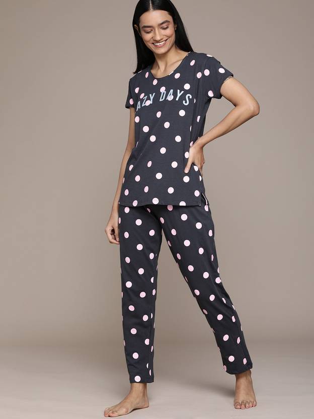 Beebelle Women Top & Pyjama Set Grey Printed, Polka Print