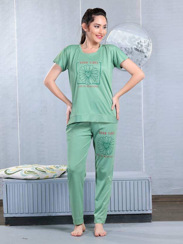 ZAIRRA Women Night Suit Set Green Printed