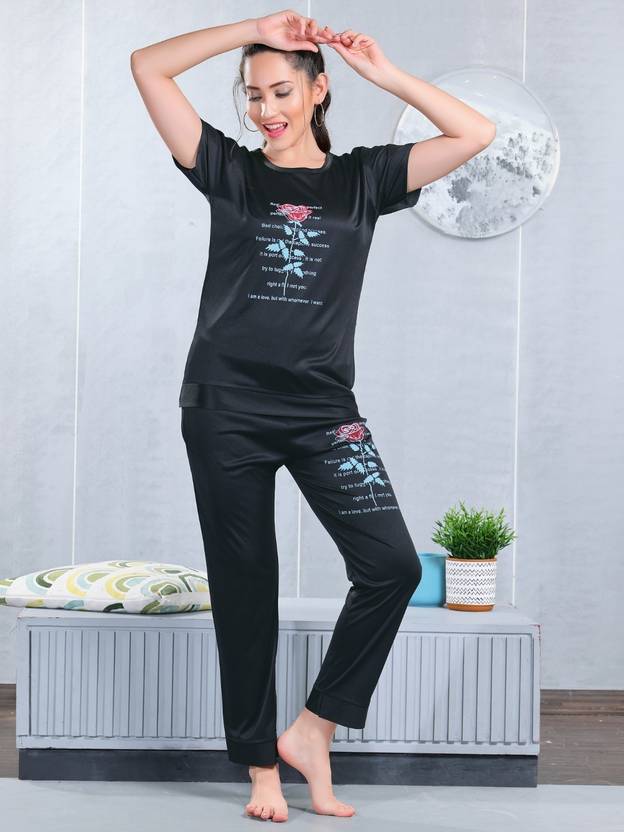 ZAIRRA Women Night Suit Set Black Printed