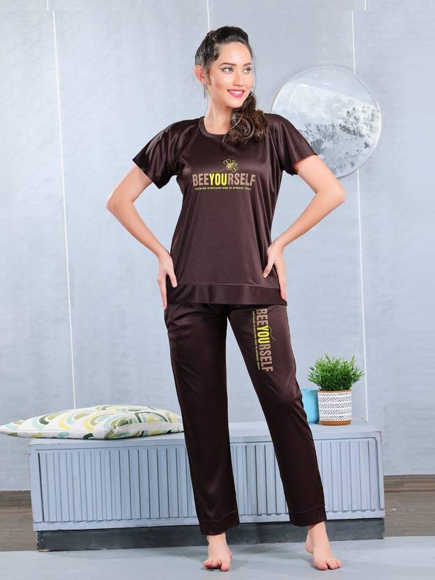 ZAIRRA Women Night Suit Set Brown Printed