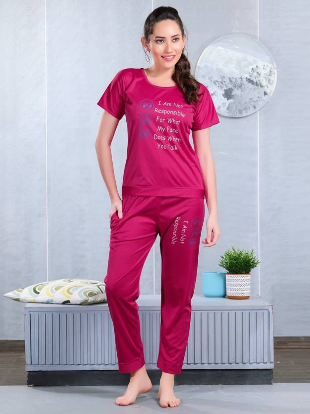 ZAIRRA Women Night Suit Set Pink Printed